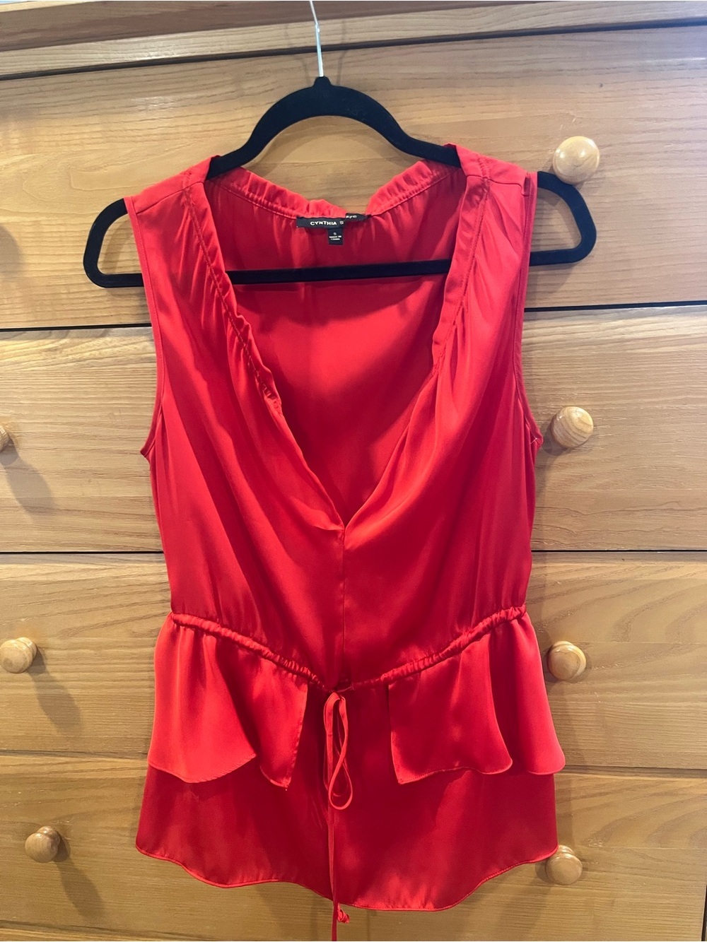 Cynthia Steffe Red Satin Peplum Tie-Waist Blouse